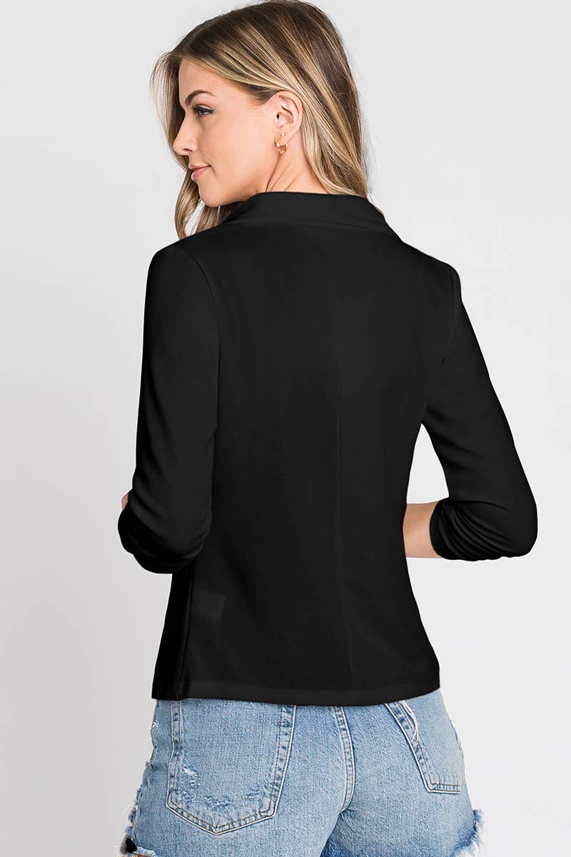 CWOBL101_Casual Work Ruched 3/4 Sleeve Open Front Blazer