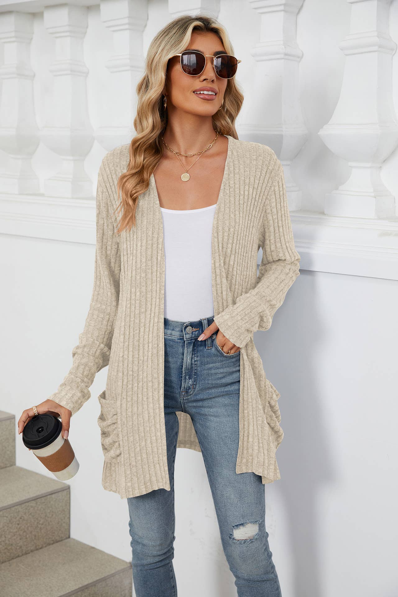Solid-color casual pocket long-sleeved cardigan