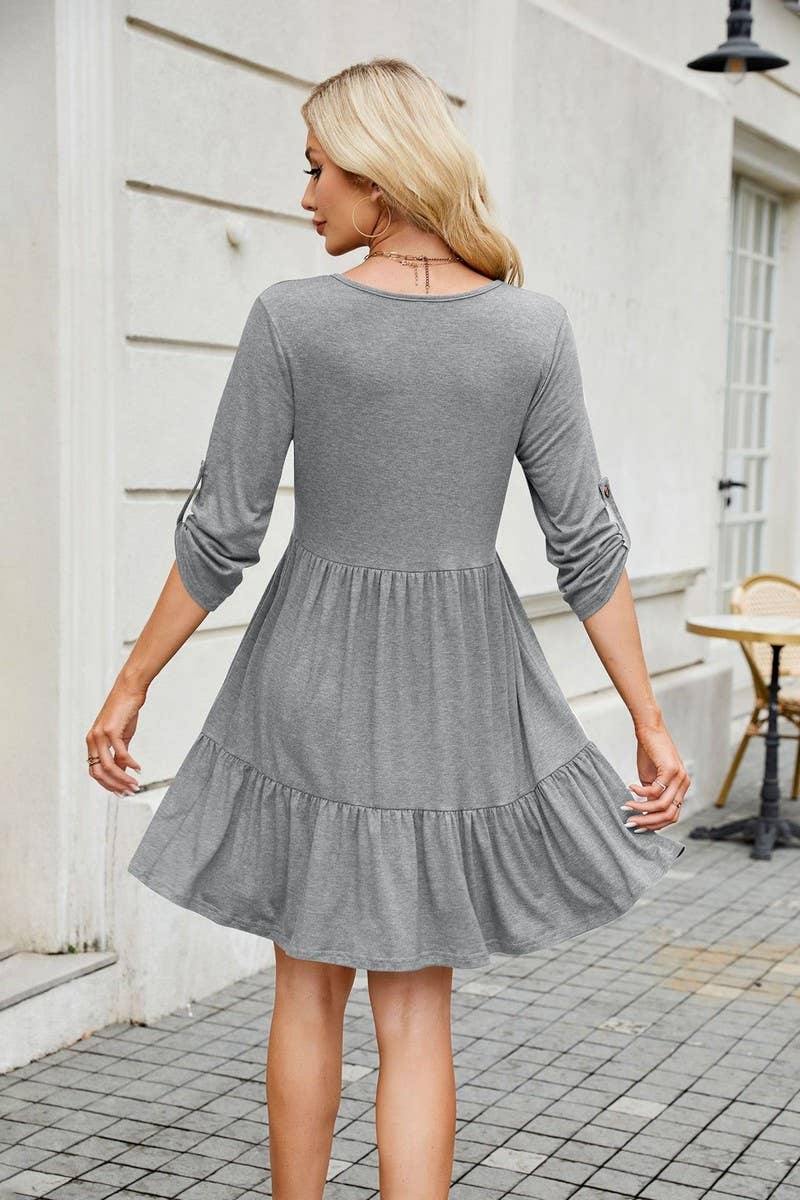 CWDSD8716_V-NECK LONG SLEEVE BUTTON FRONT LOOSE SOLID DRESS