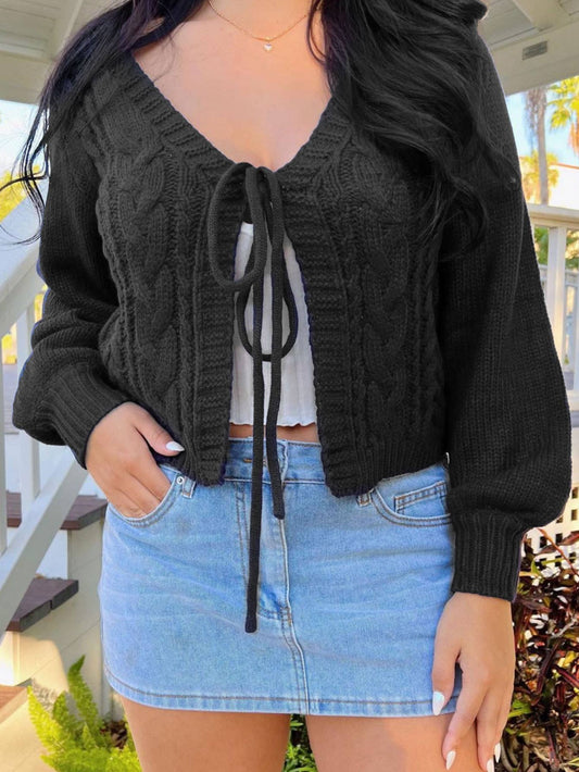 Solid-color V-neck braided lace-up cardigan