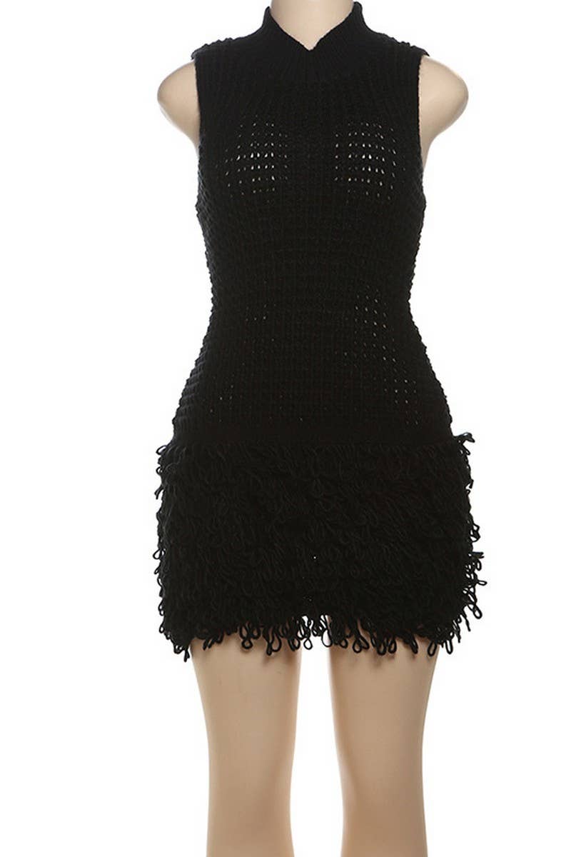 CWDSD8898_SEXY SLEEVELESS TASSEL HOLLOW SLIM STITCHING DRESS