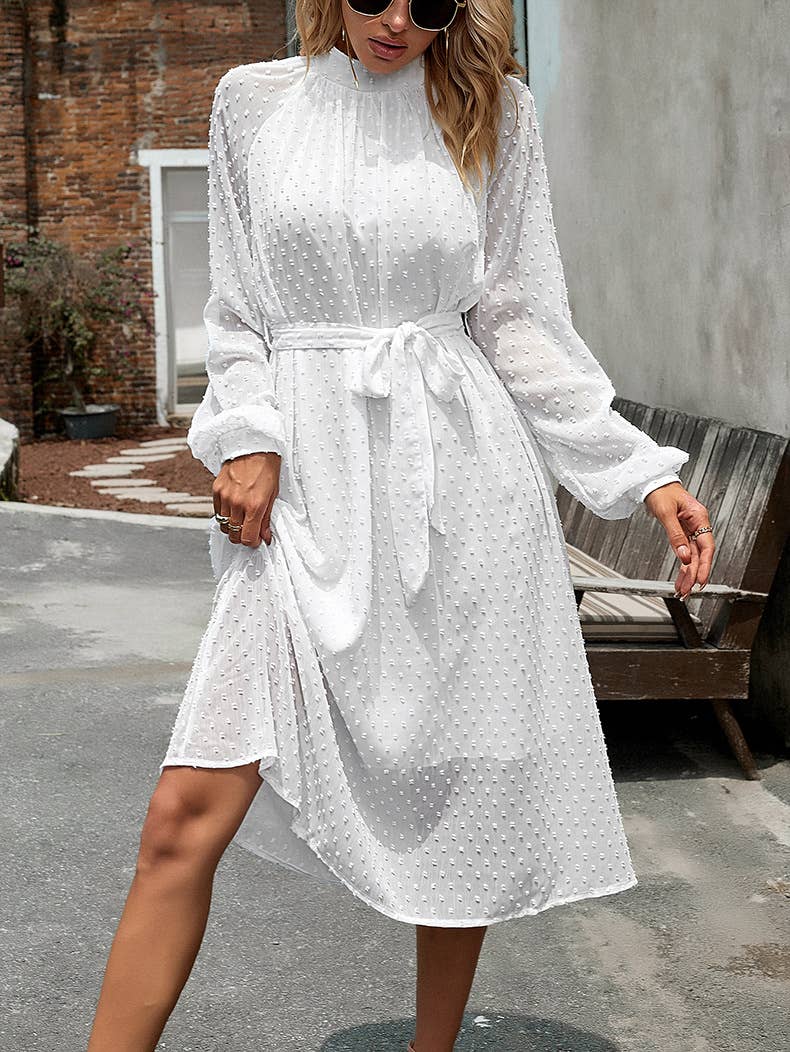 JACQUARD MESH LACE-UP WAIST ROUND NECK LONG DRESS