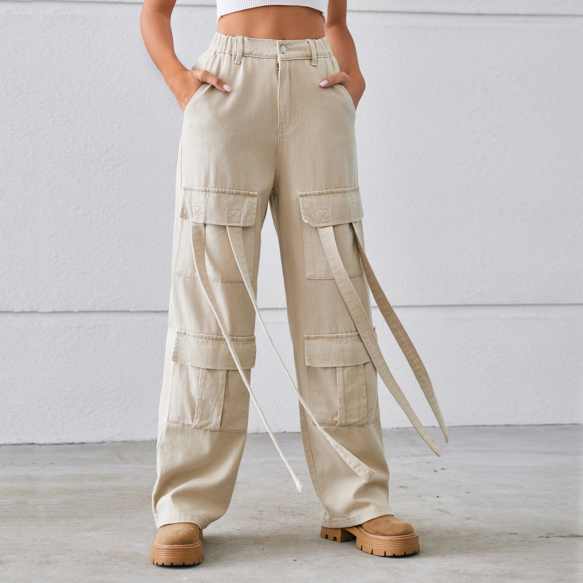 Casual Cargo Jeans ??Vintage Ribbon Accent _CWJP0630