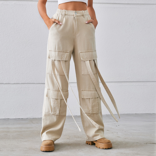 Casual Cargo Jeans ??Vintage Ribbon Accent _CWJP0630