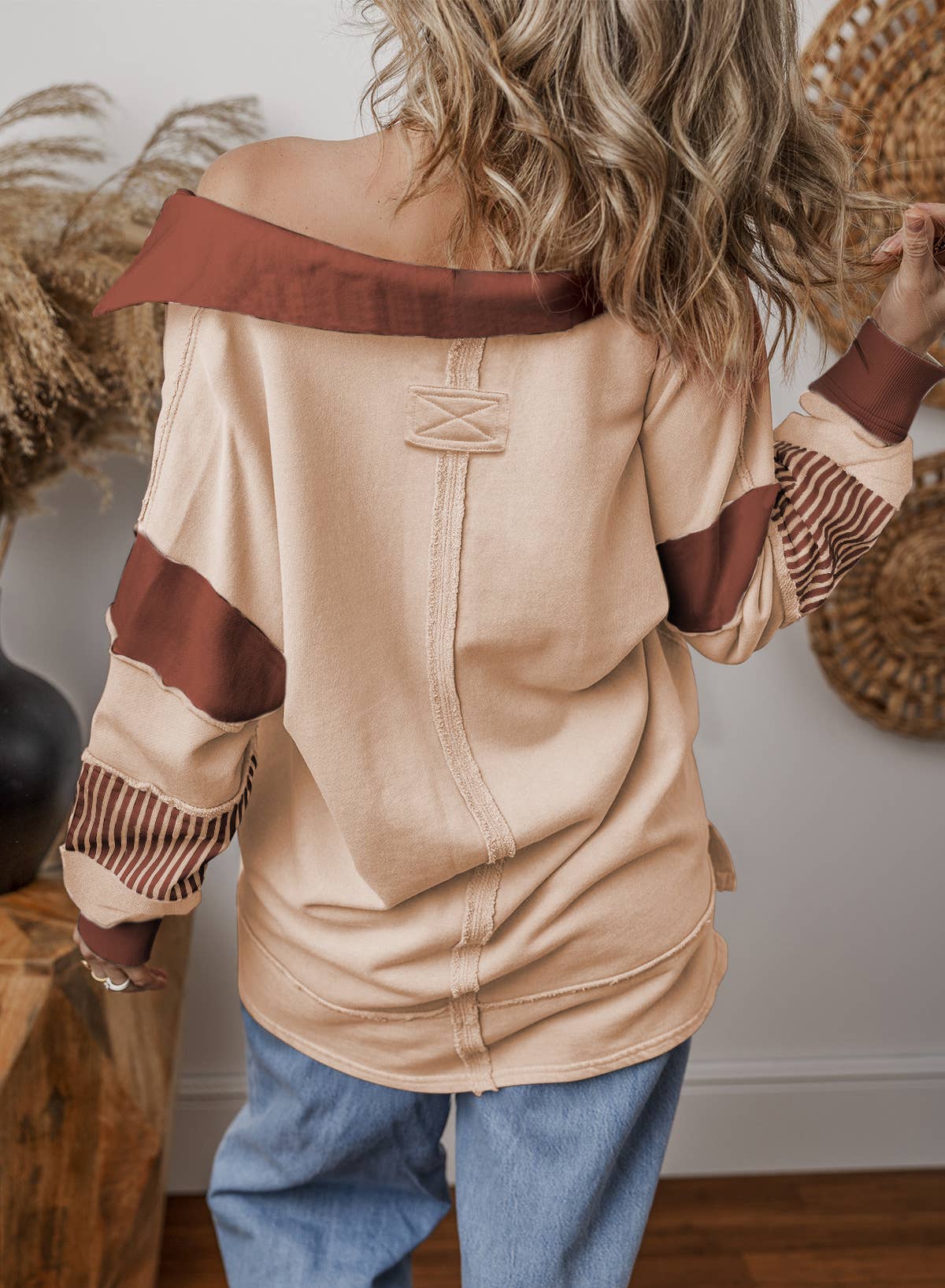 Deep V-Neck Striped And Colored-Color Hoodie