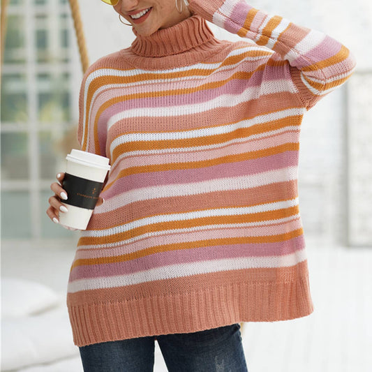 RAINBOW STRIPED PATCHWORK KNIT PULLOVER SWEATER_cwoswl2316
