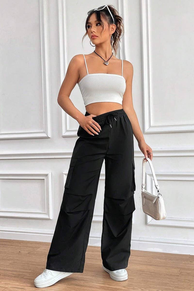 CWBLP1886_DRAWSTRING HIGH WAIST LOOSE COMMUTER OVERALLS