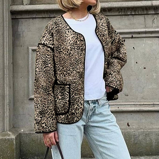 Vintage leopard print crew neck cropped cardigan jacket