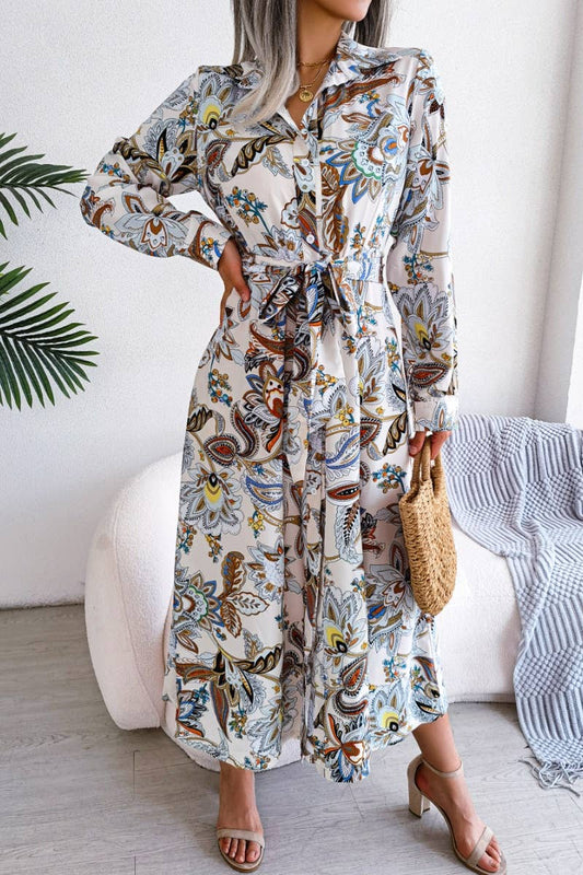 CWDMD2651_VINTAGE FLORAL LAPEL LACE-UP SHIRT LONG DRESS