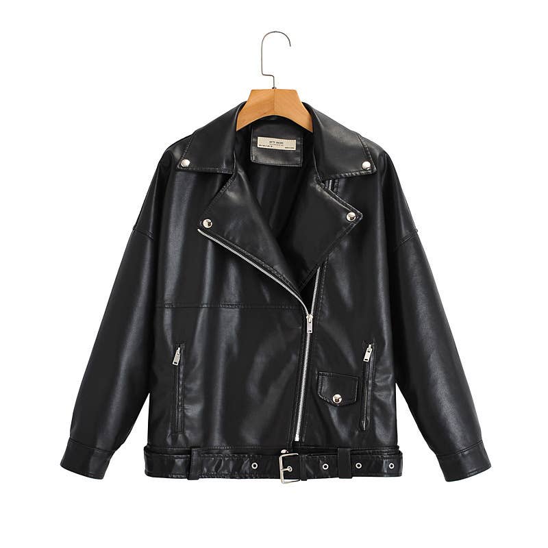 Washed PU leather lapel heavy zipper leather coat