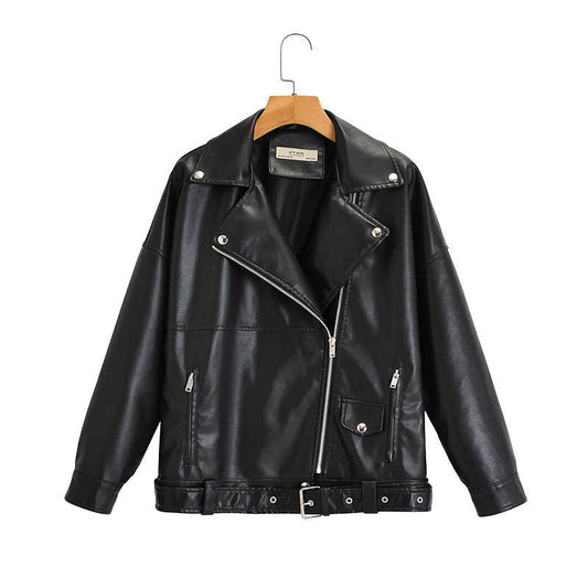 Washed PU leather lapel heavy zipper leather coat