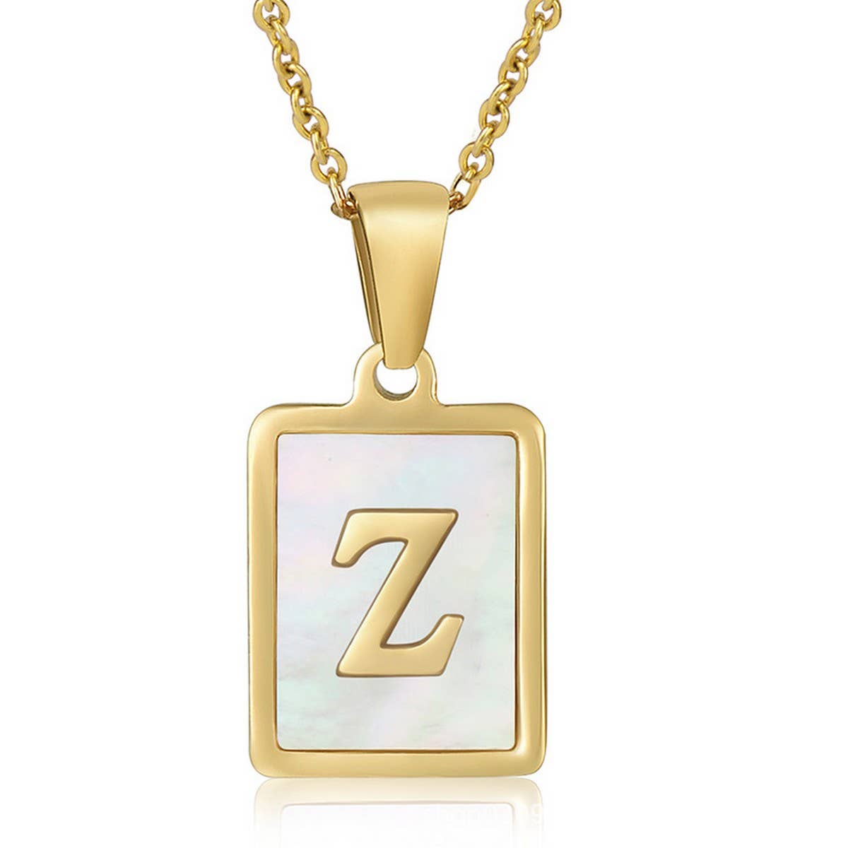 CWAJE1917_Square Stainless Steel White Shell Letter Necklace