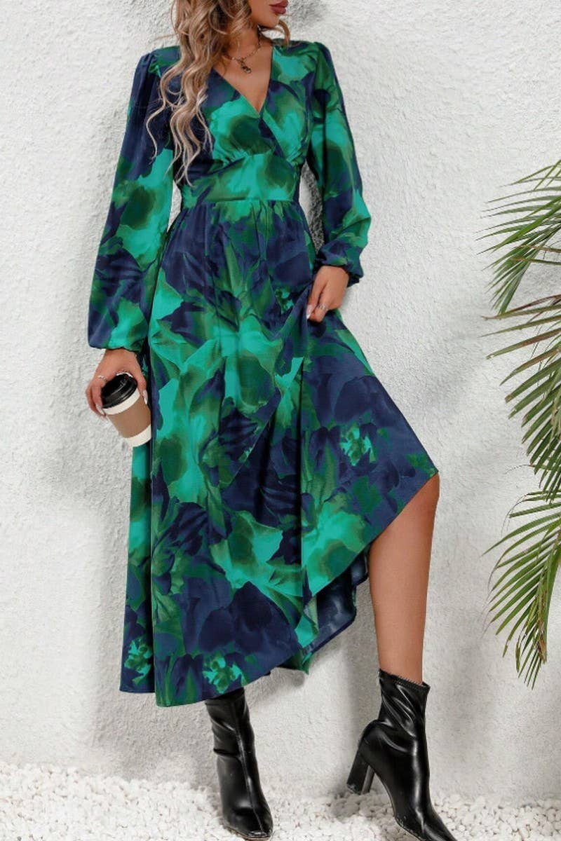 CWDMD5704_SPRING AND SUMMER WAIST V-NECK PRINTED LONG SKIRT