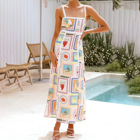 Line collar lace print fashion long halter dress