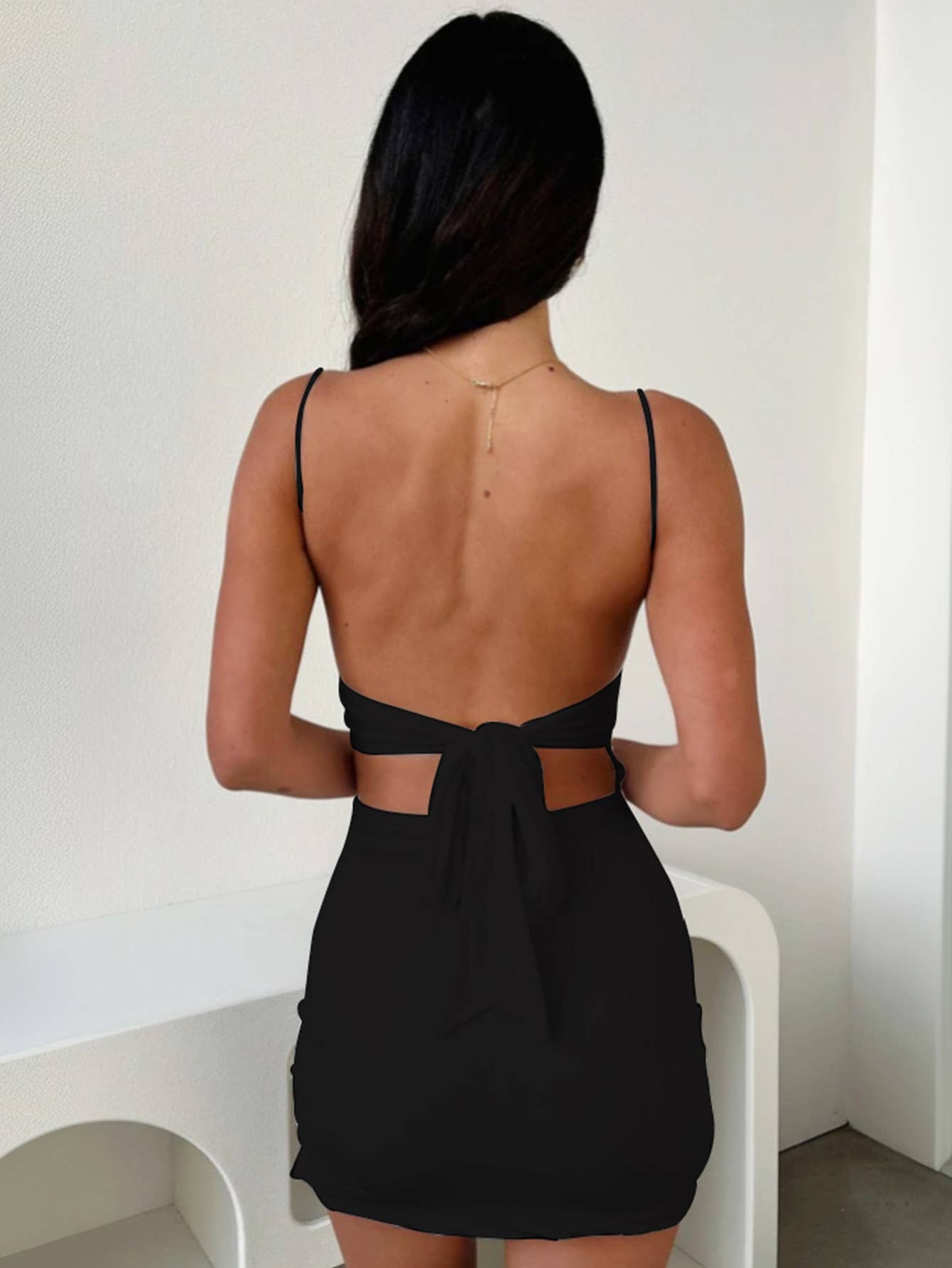 Sexy solid color back strap short halter dress