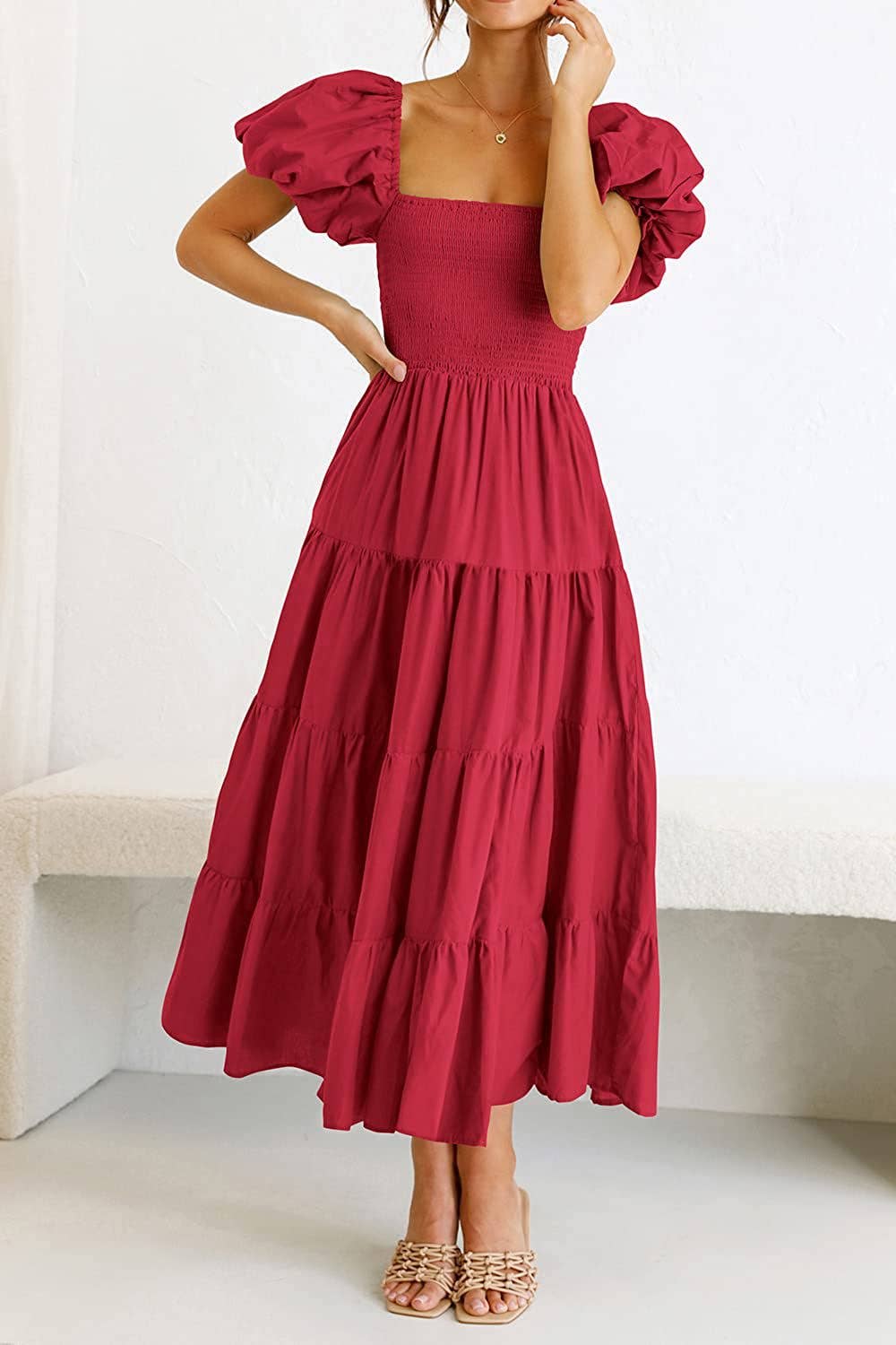 Square neck backless puffy sleeve pleated dress