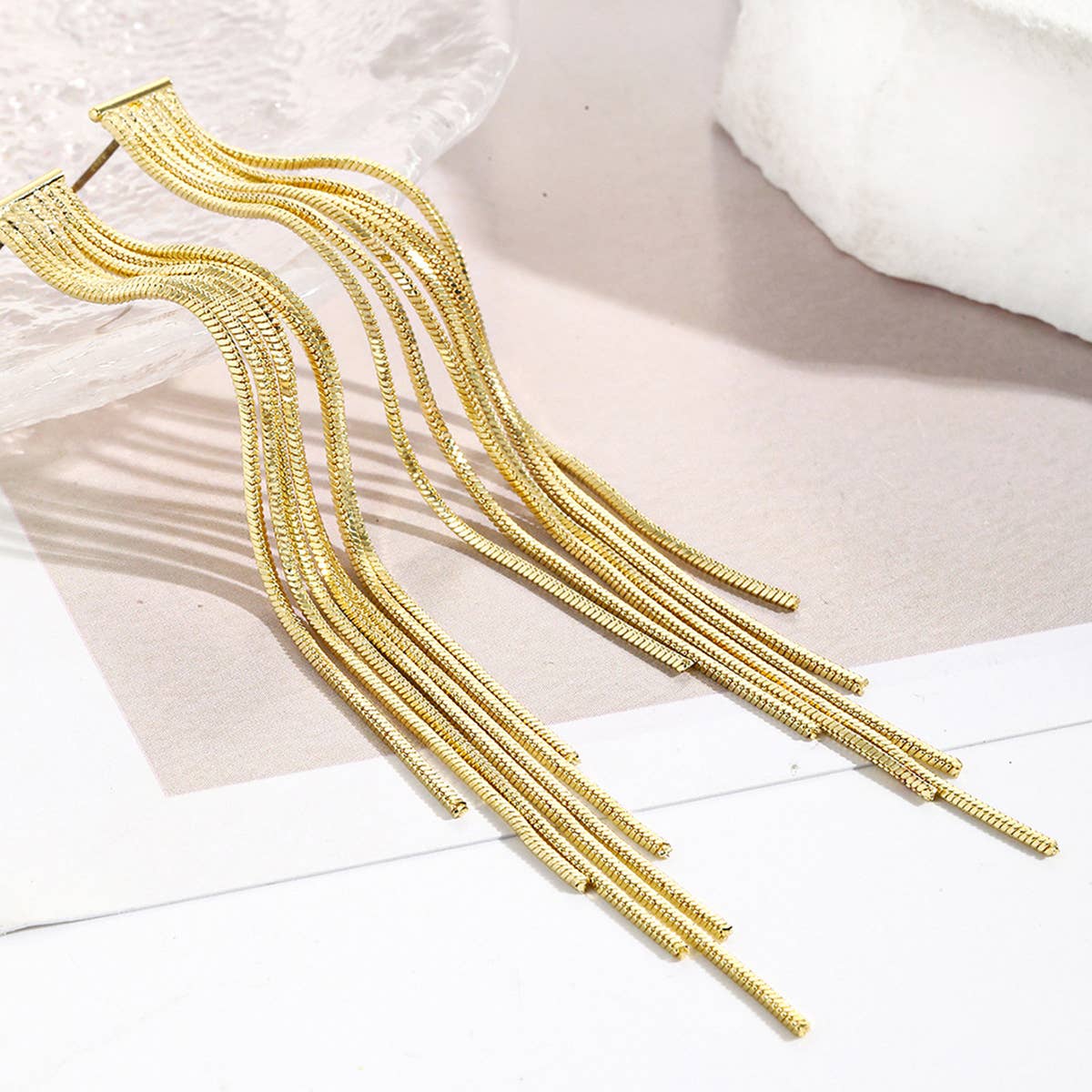 RHINESTONE DECOR METAL TASSEL DROP EARRINGS