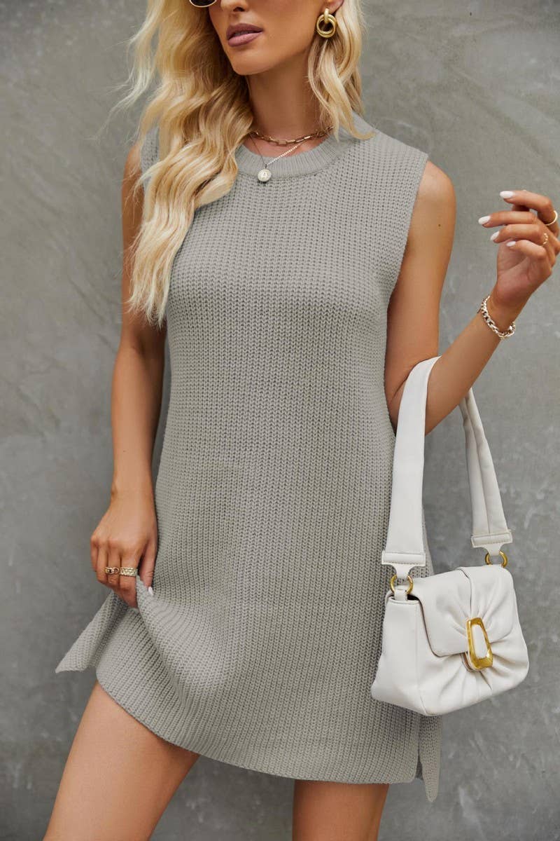 ROUND COLLAR SHORT FASHION SPLIT KNITTING DRESS_CWDSD2848