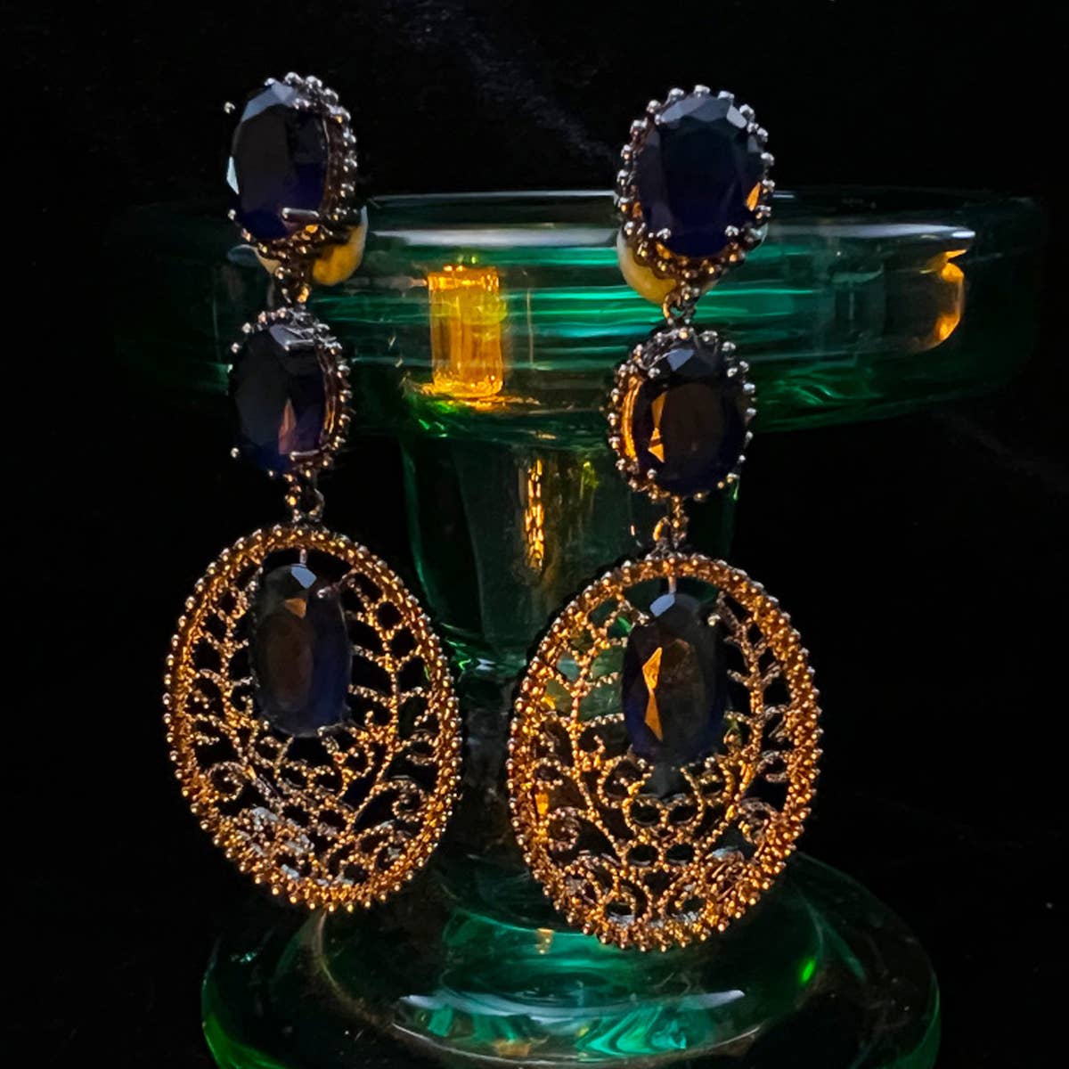 HOLLOW DARK BLUE CZECH DIAMOND EARRINGS