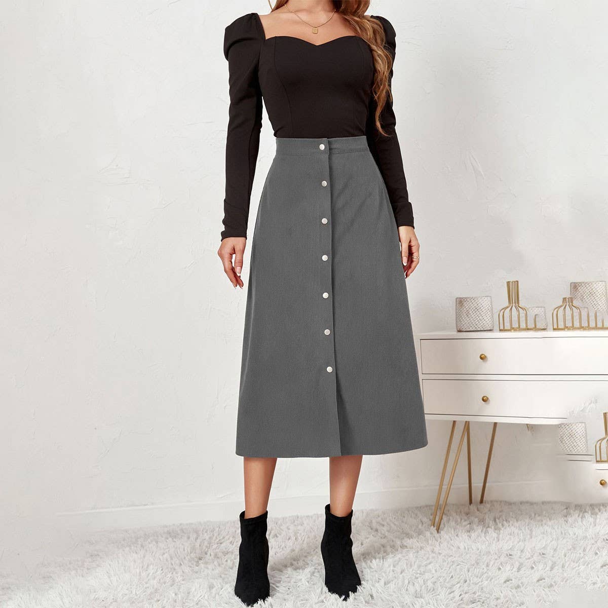 CORDUROY SKIRT SINGLE BREASTED HIGH WAISTLONGSKIRT