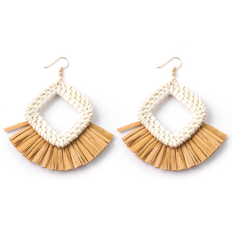 Hand-woven geometric rattan raffia earrings