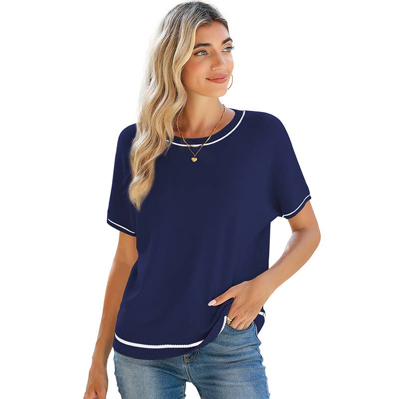 Round-neck,short-sleeved, color-blocked sweater