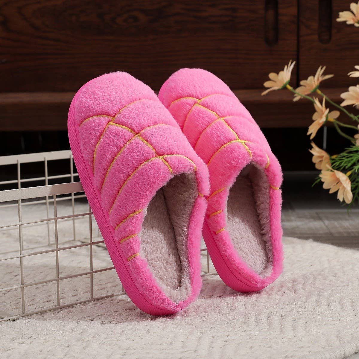Unisex Concha Bread Furry Indoor Slippers_CWSHF00218