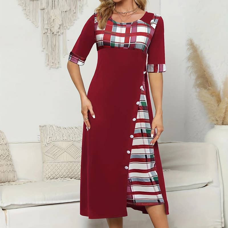 ROUND NECK COLOR CONTRAST IRREGULAR LONG DRESS