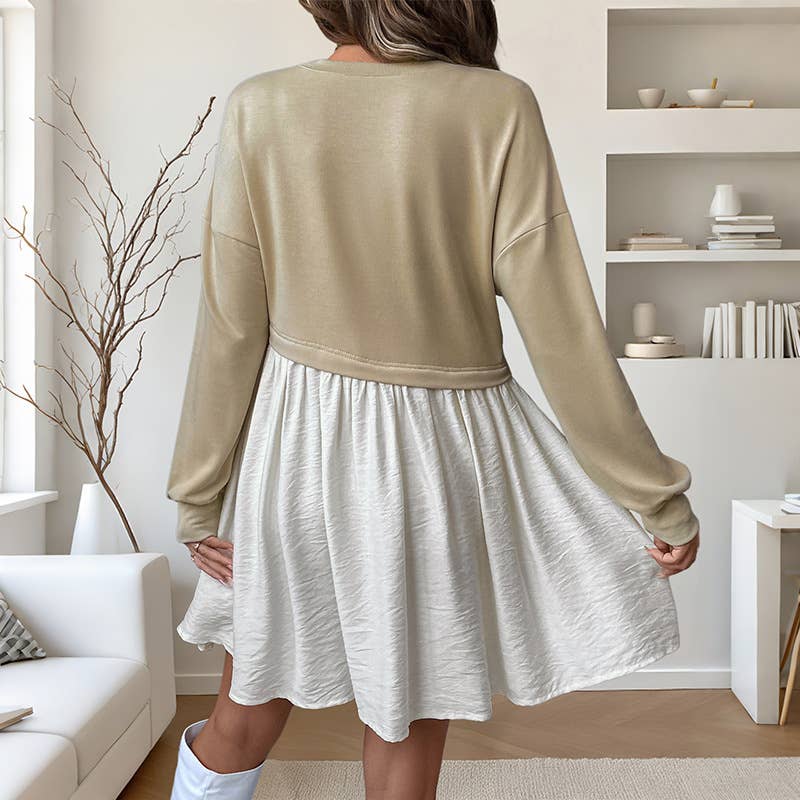 Round neck collision color stitching short dress