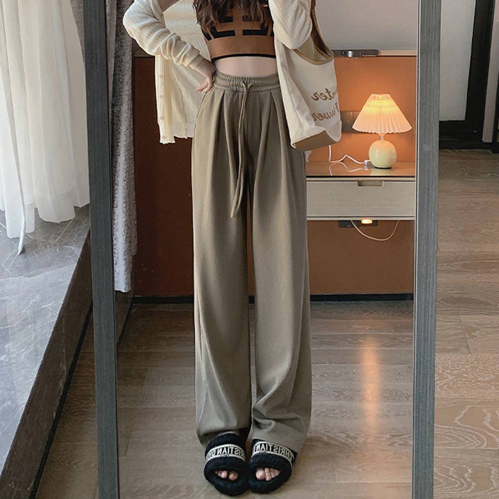 HIGH WAIST DROP KNIT DRAWSTRING WIDE-LEG PANTS