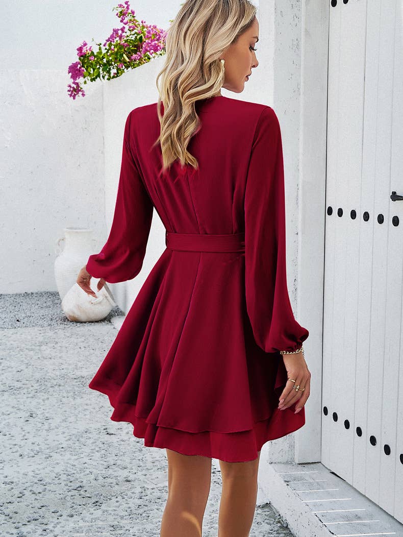 SOLID COLOR TEMPERAMENT LONG-SLEEVED DRESS