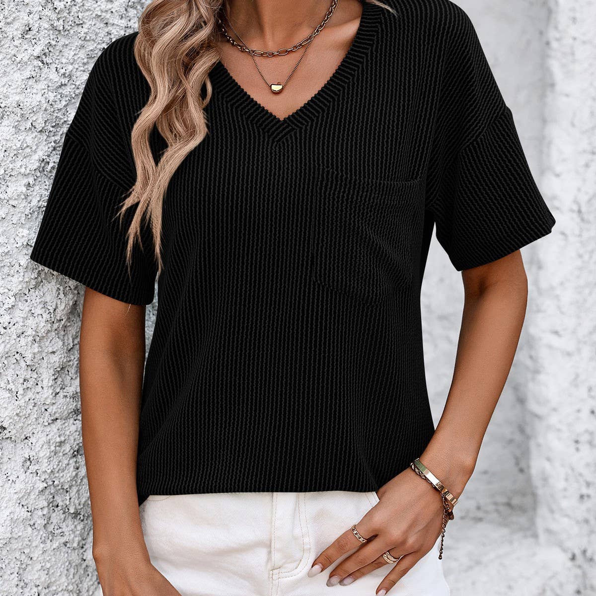 V-neck twist strip short sleeve loose T-shirt