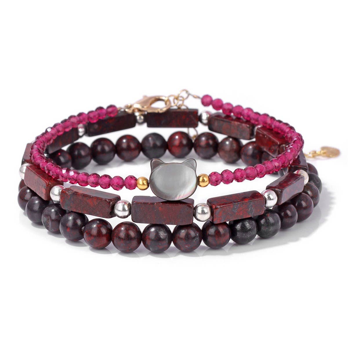 CWAJE4229_STONE BEADS SHELL CAT HEAD THREE-PIECE BRACELET