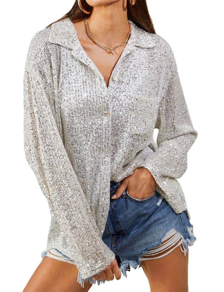 STYLISH SEQUIN LONG-SLEEVED LAPEL STYLE SHIRT