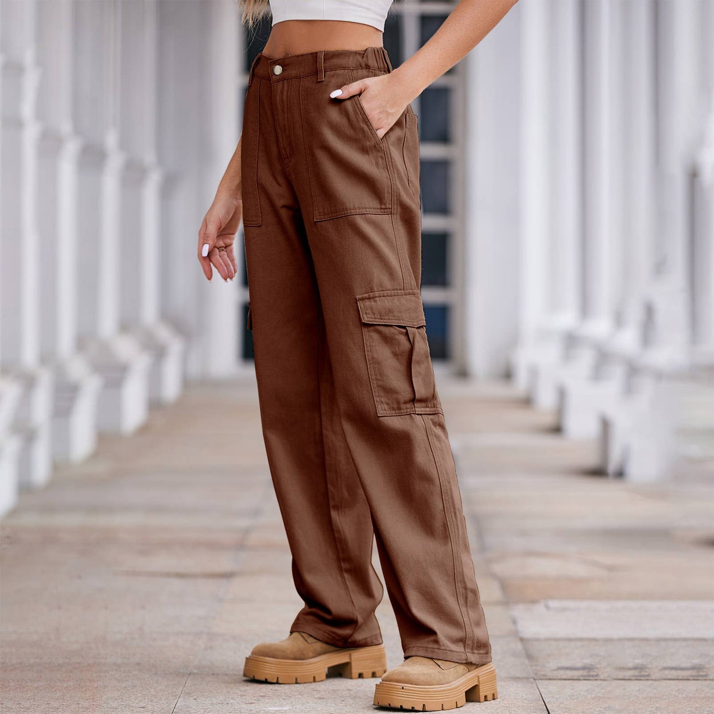 Washed semi-elastic waist denim workwear trousers