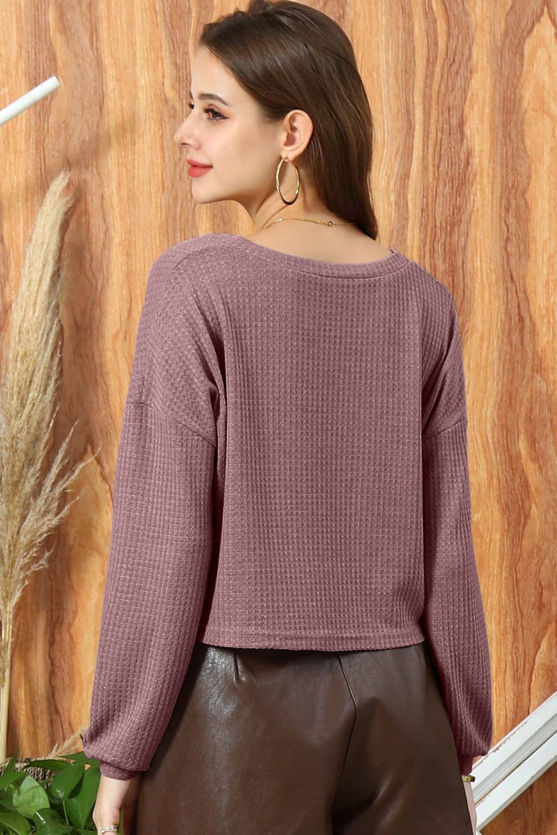Cwttl1006_V Neck Tunic Short Crop Long Sleeve Knit Sweater
