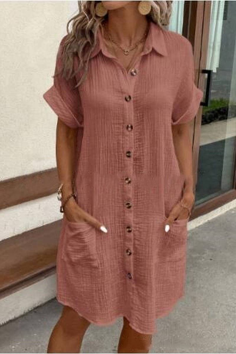 CWDSD10629_WOMEN'S SIMPLE V-NECK BUTTON SHIRT DRESS