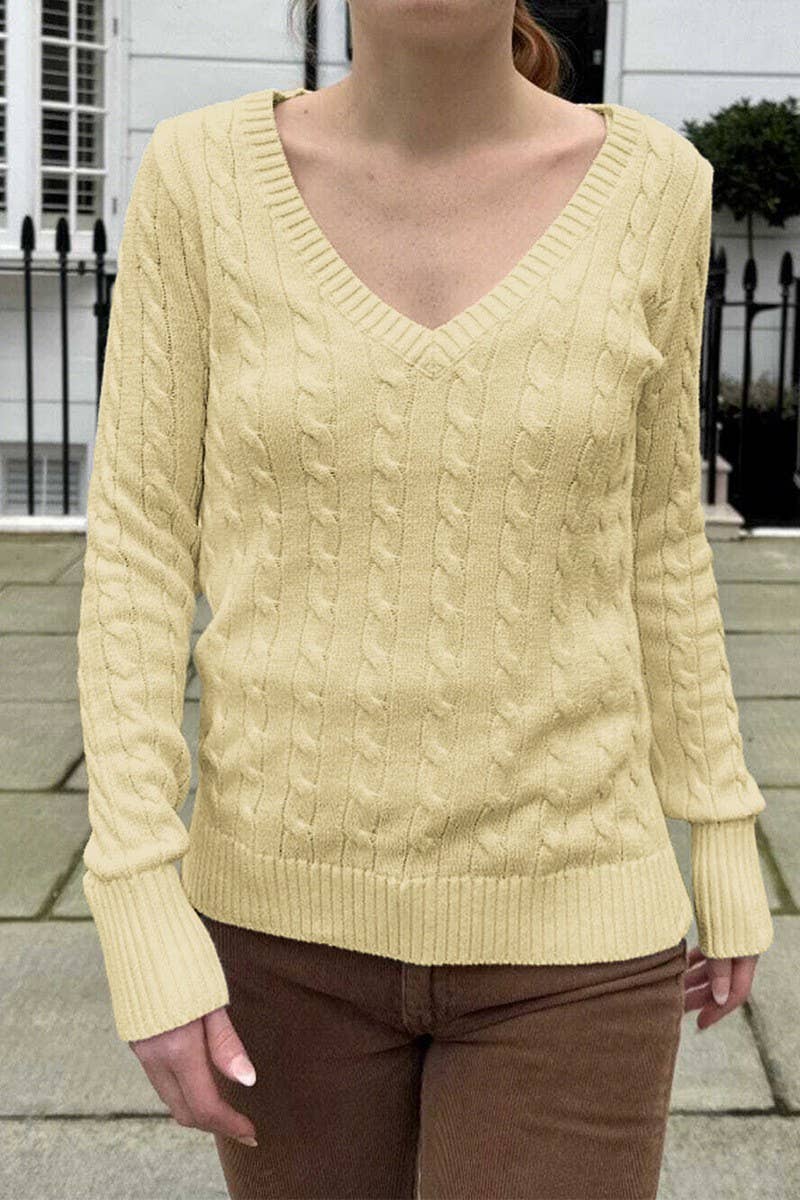 CWOSWL07507_V-NECK CASUAL SIMPLE LONG-SLEEVED KNITTED TOP