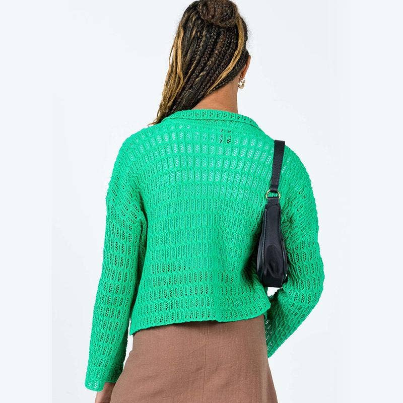 LAPEL HOLLOWED OUT SOLID COLOR BUTTON CARDIGAN