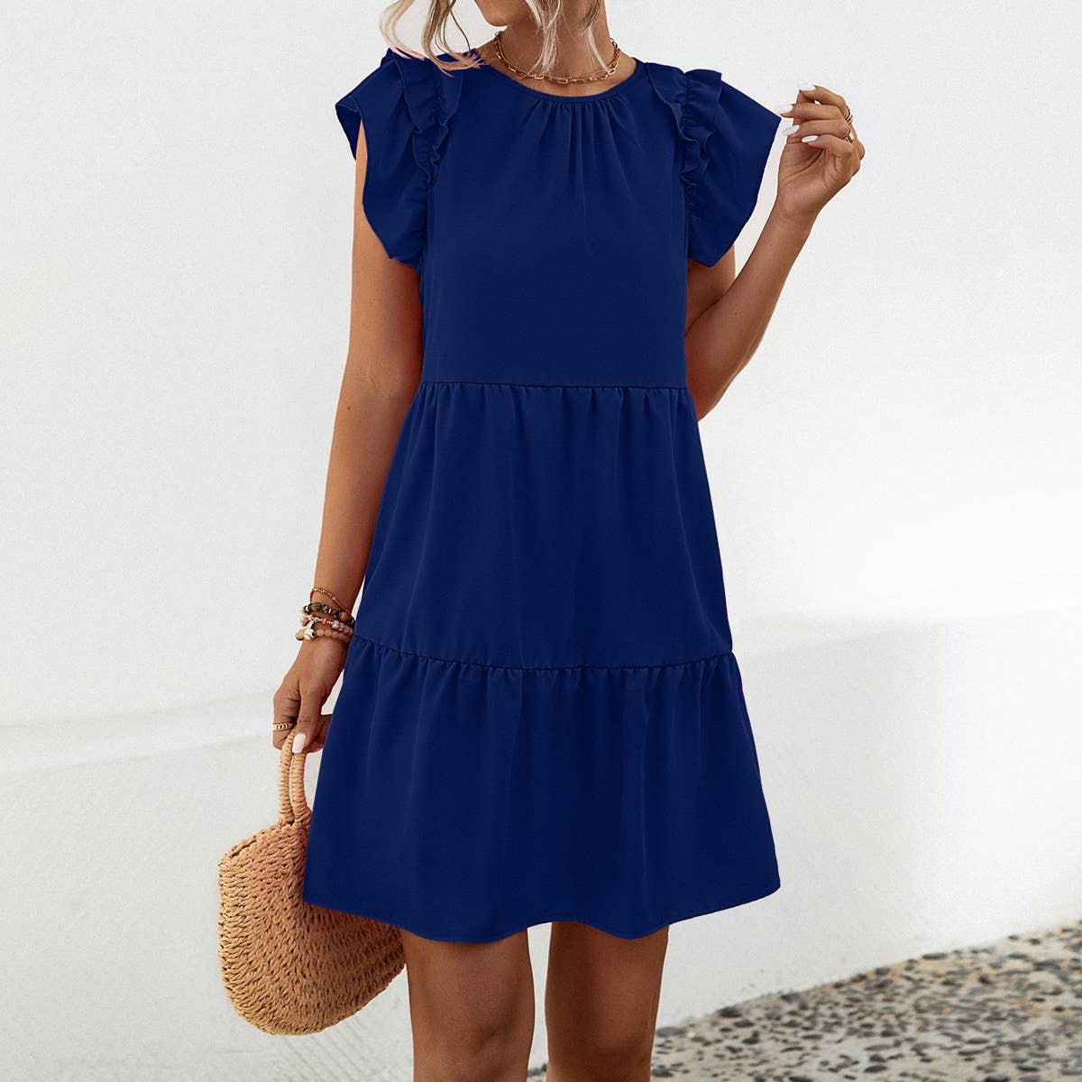 Solid color round neck lotus sleeves short dress