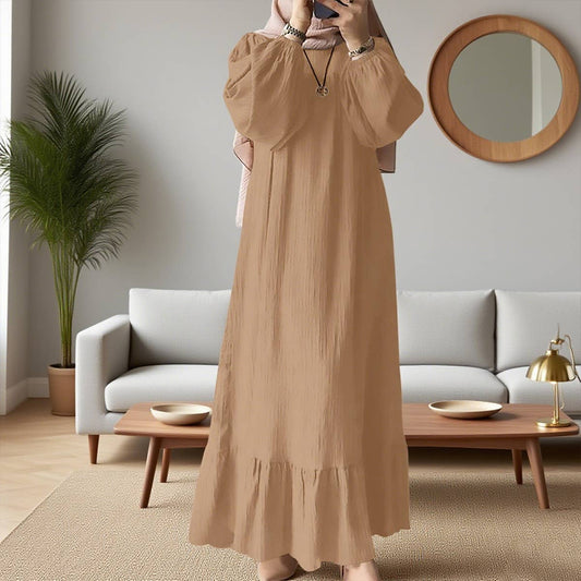 Retro solid-color ruffled hem dress