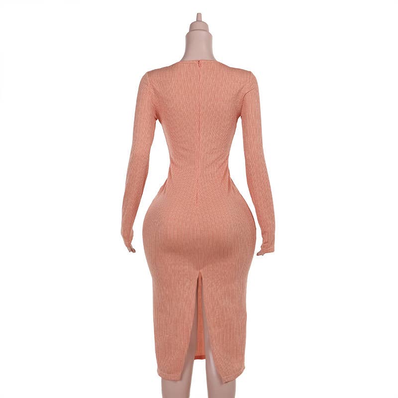 SLIM KNIT MACHINE EYE V-NECK LONG SLEEVE DRESS