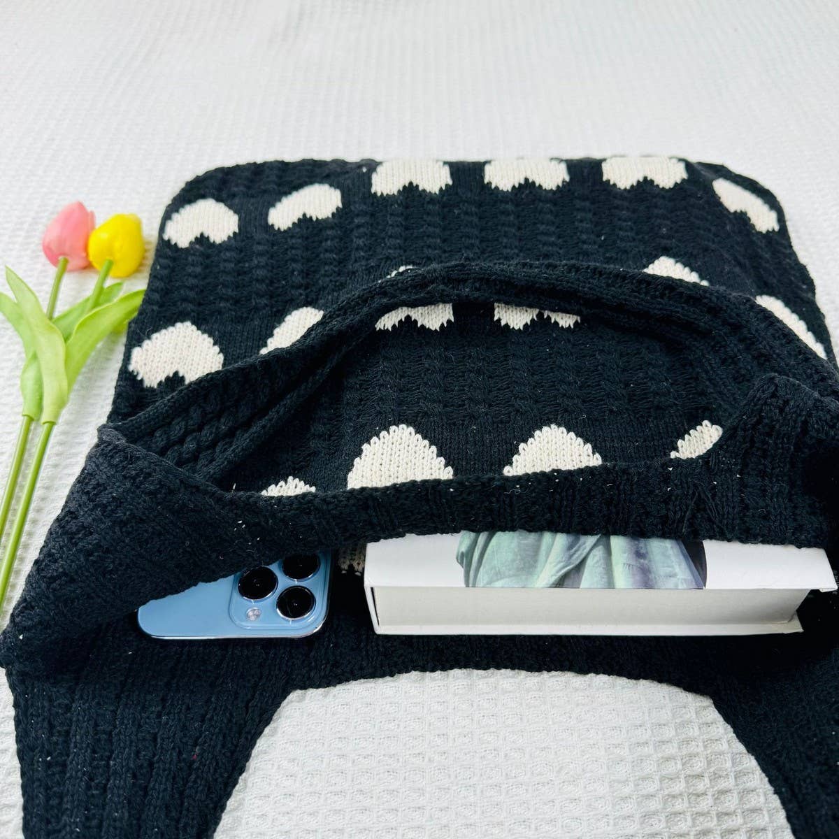 CWAB4569_HEART PATTERN KNITTED LARGE CAPACITY TOTE BAG