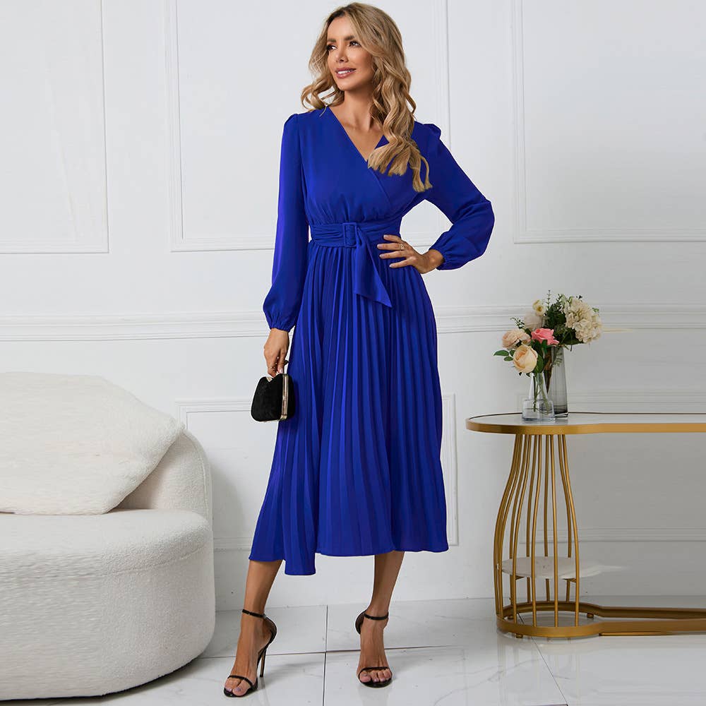 LONG SLEEVE PLEATED BELT SOLID COLOR V-NECK DRESS