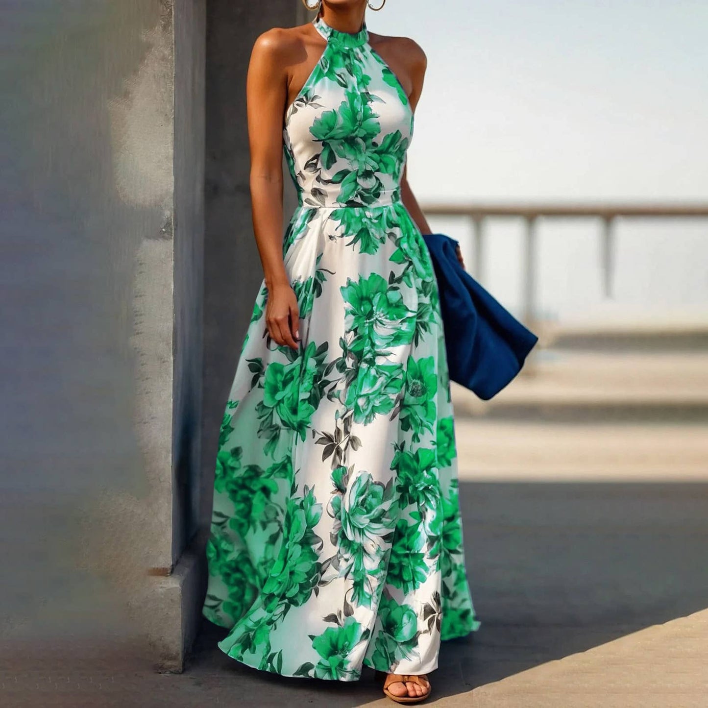 Vacation-style printed high-waisted beach dress