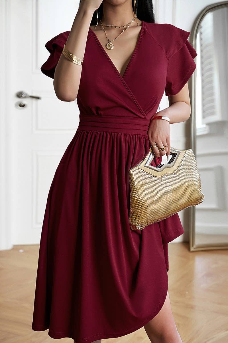 CWDMD5869_SOLID ELEGANT V-NECK SHORT SLEEVE MIDI DRESS