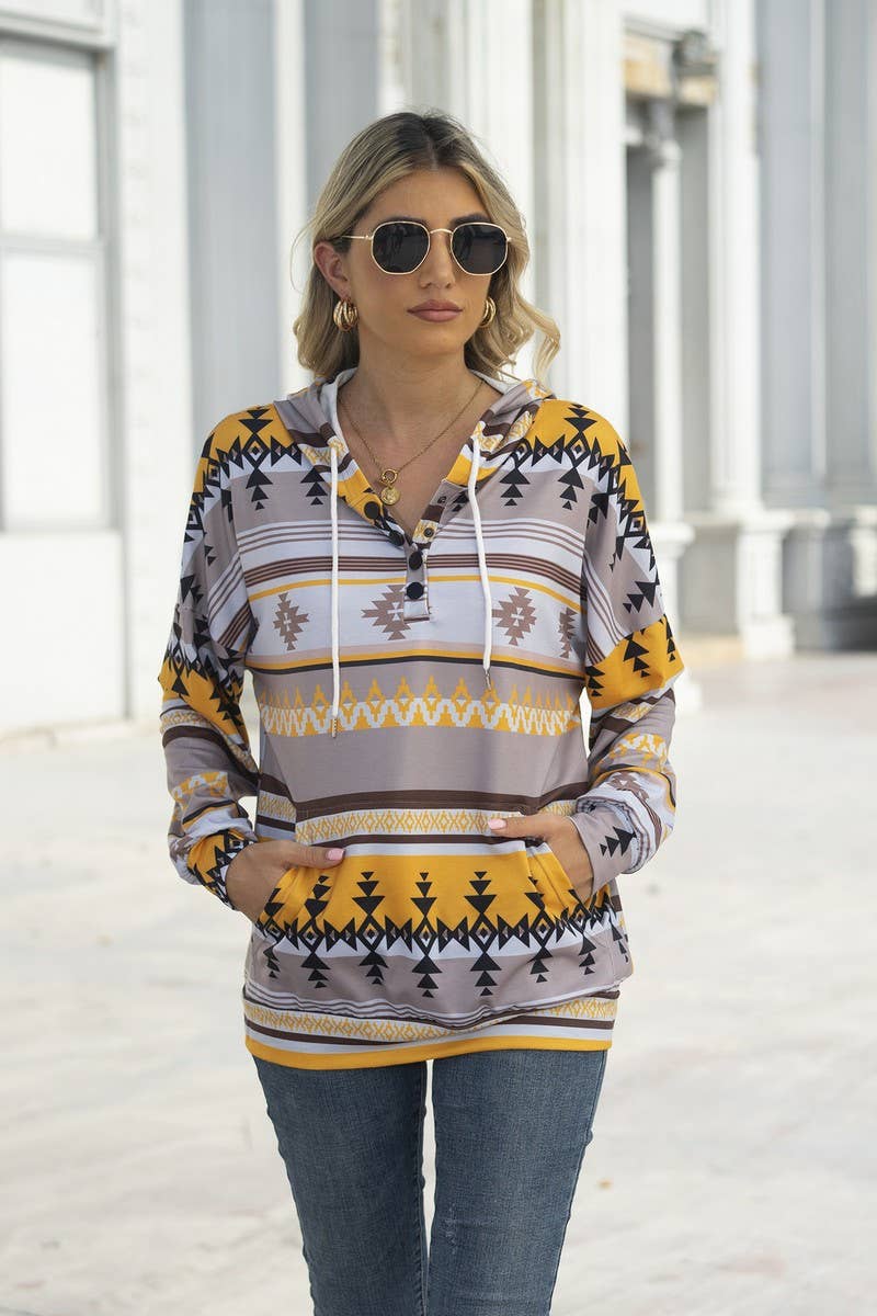 WOMEN AZTEC PRINTING DRAWSTRING WESTERN HOODIE_CWOHOL0177