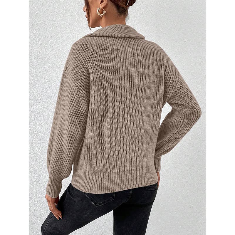 SOLID COLOR LOOSE CASUAL POLO NECK ZIP-UP SWEATER