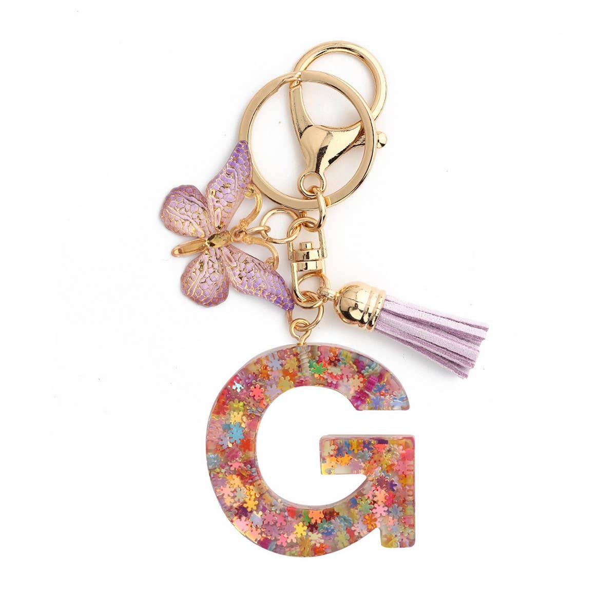 Pink Snowflake Letter Butterfly Keychain_CWMM6865
