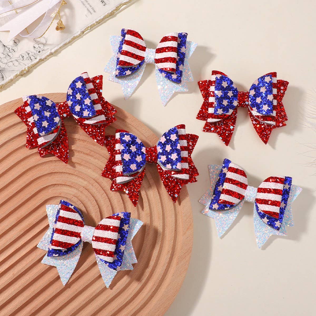 Glitter Star & Flag Bow Hair Clip Set for Kids